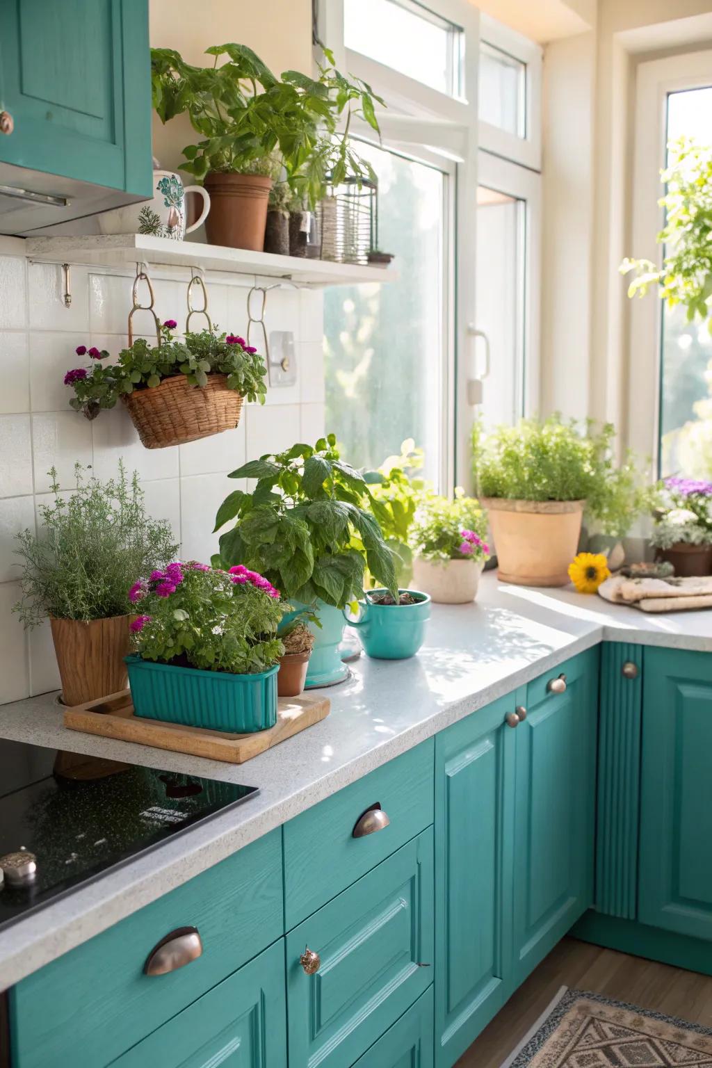 Lush greenery infusing vitality into a turquoise-themed kitchen.