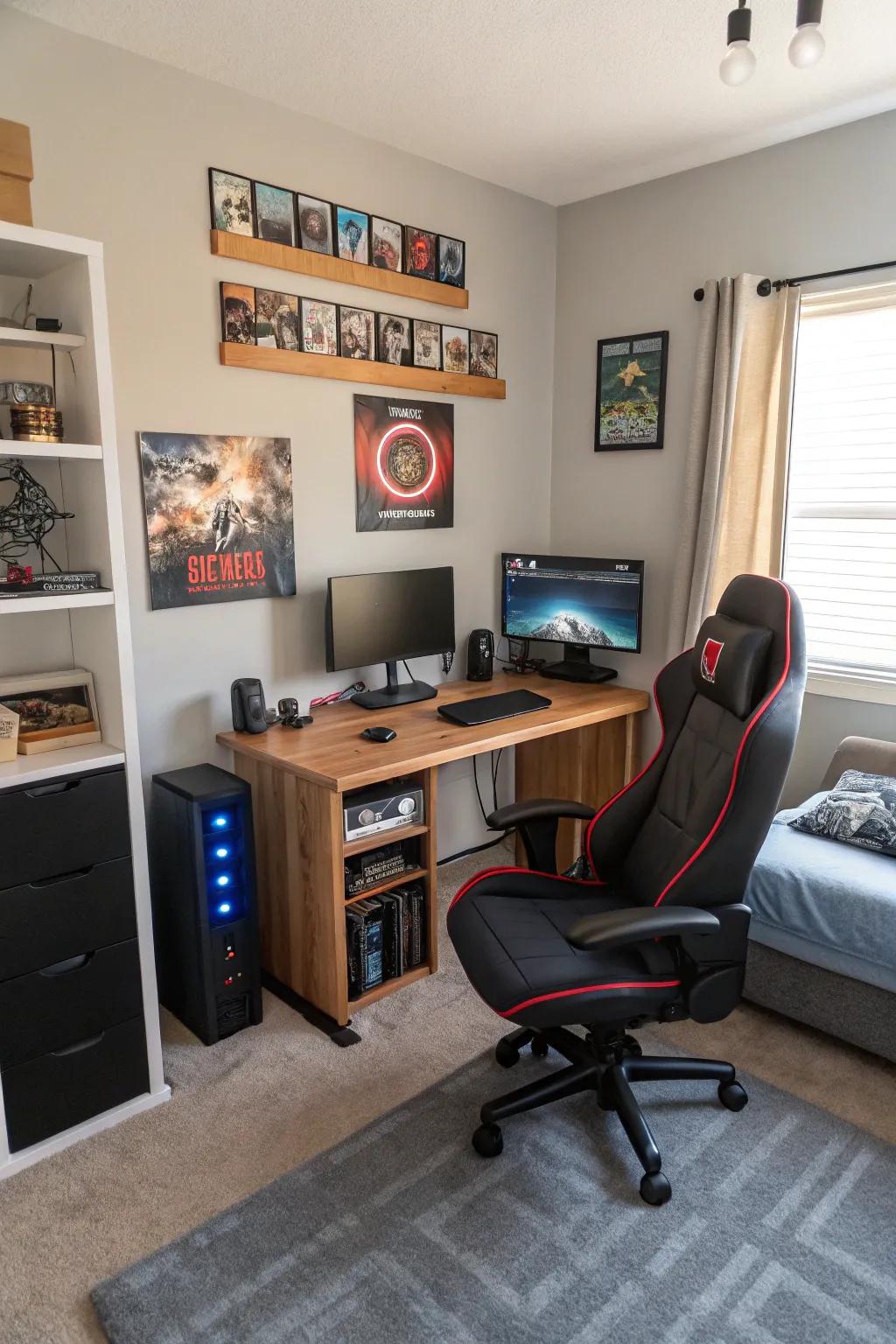 A dedicated gaming zone in a tween boy’s bedroom.