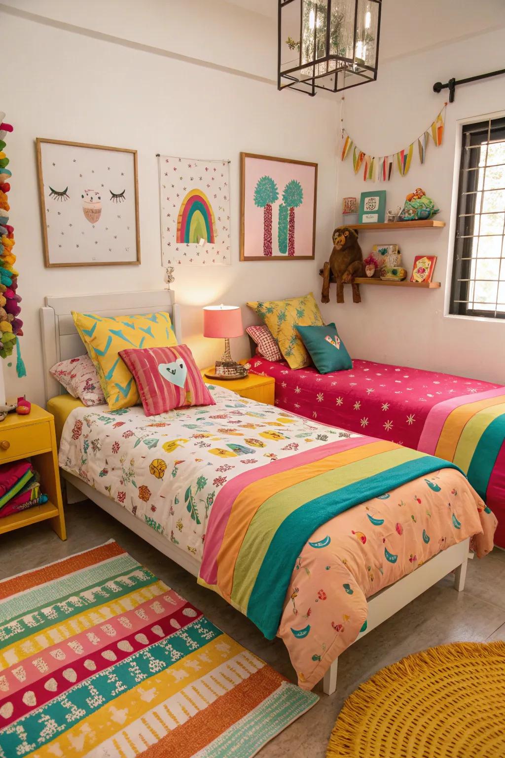 A pop of color brings energy and life to twin bed arrangements.