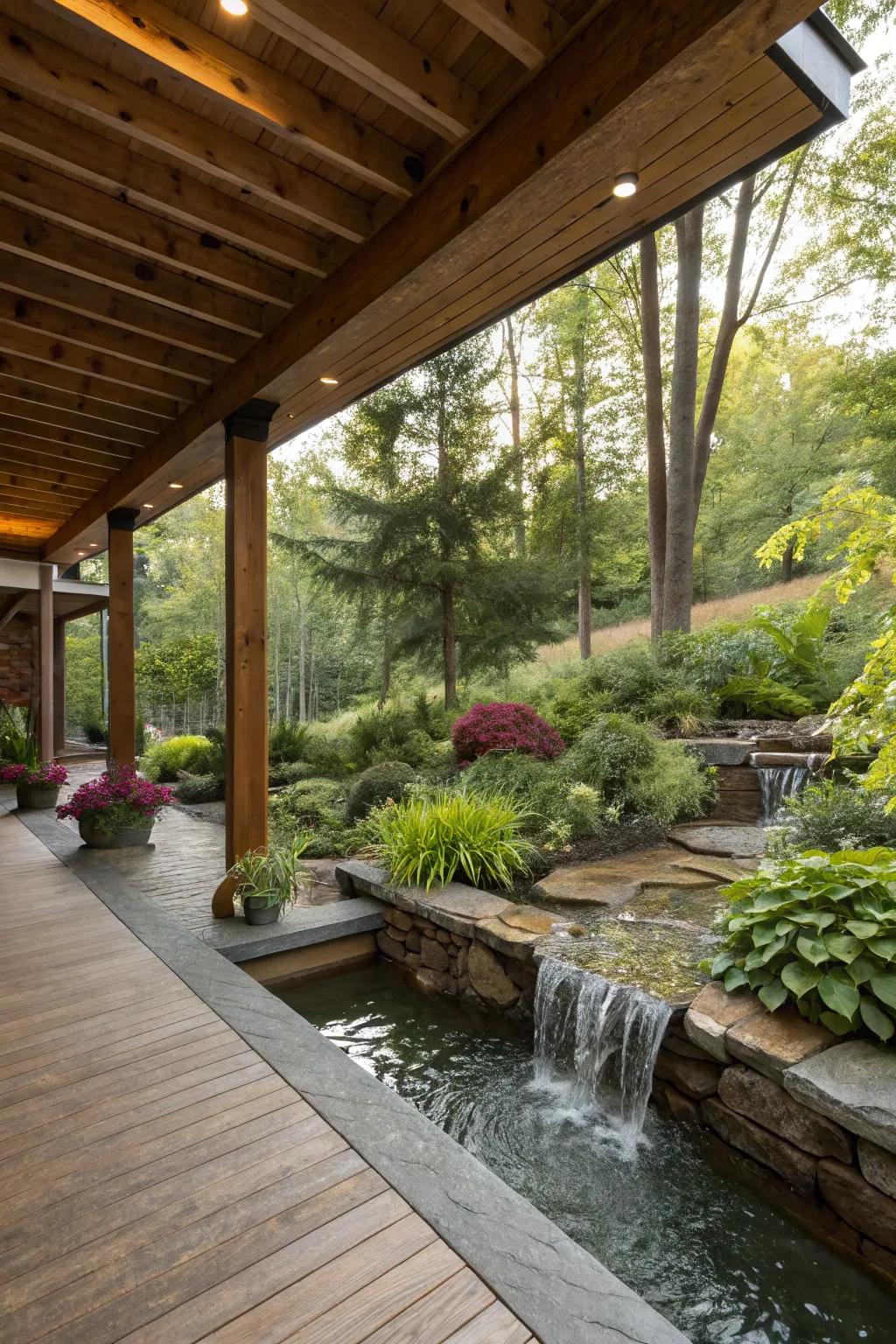 A peaceful under-deck escape with a soothing water feature.