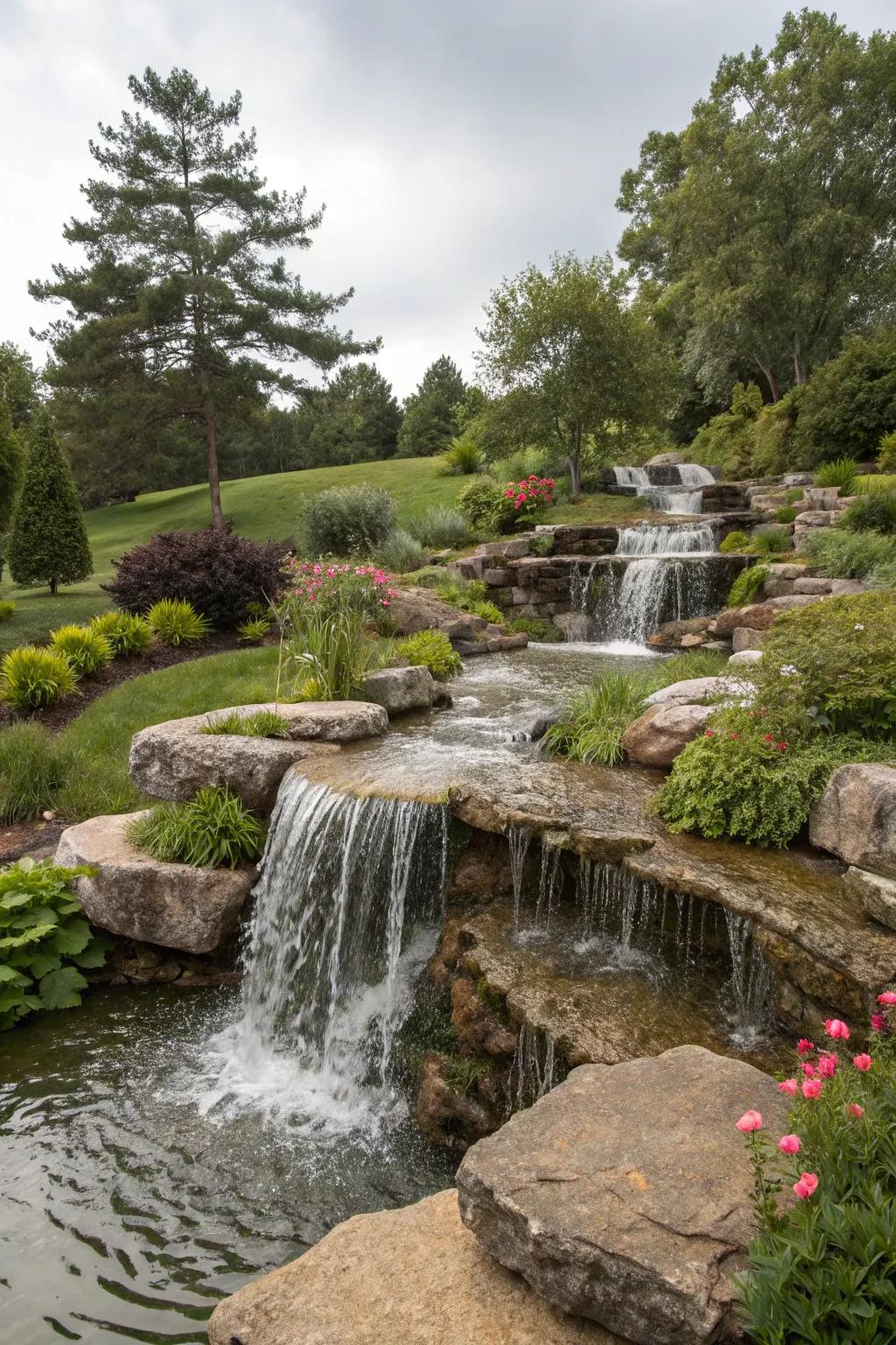 Tiered cascades inject depth and drama into outdoor areas.