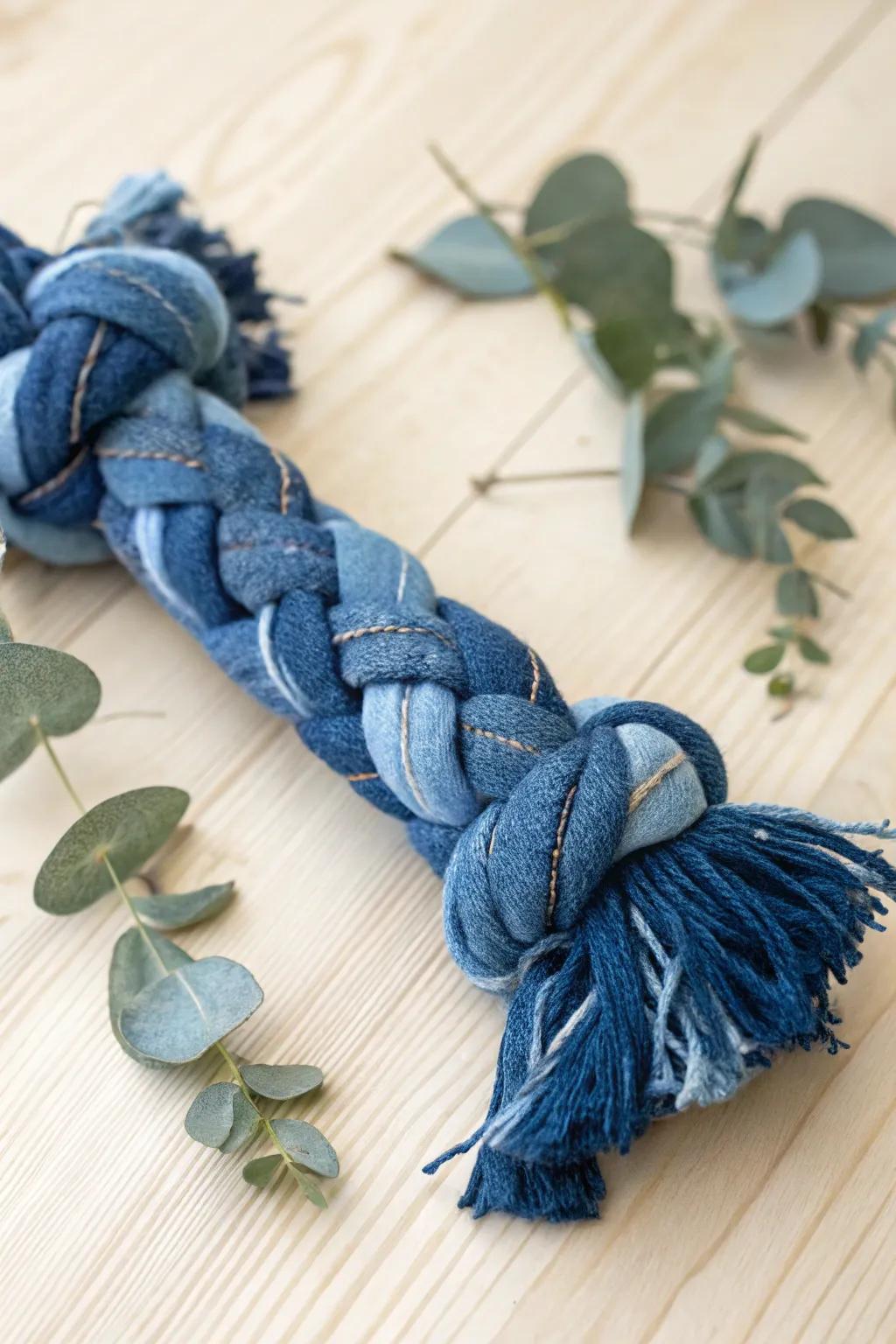 Crafted with affection: A stylish denim pull plaything for your furry friend!