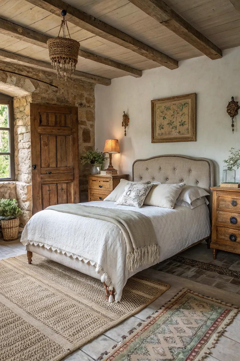 Linen contributes country appeal to this inviting sleeping quarter setting.