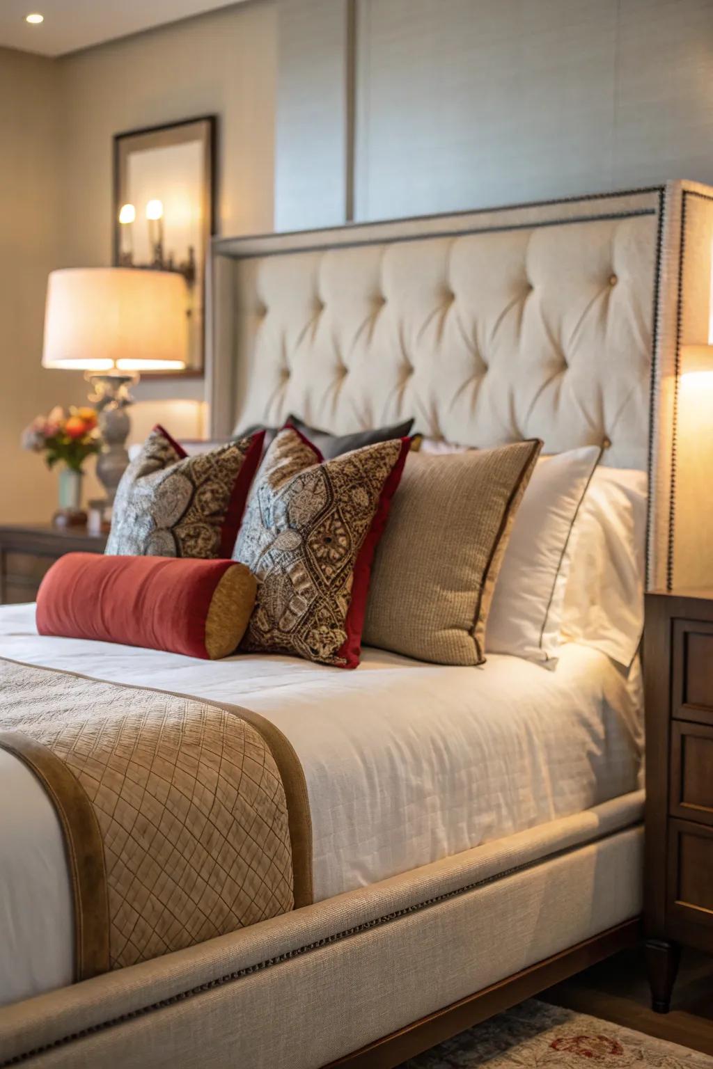 Accent pillows add layers to the fabric bed.