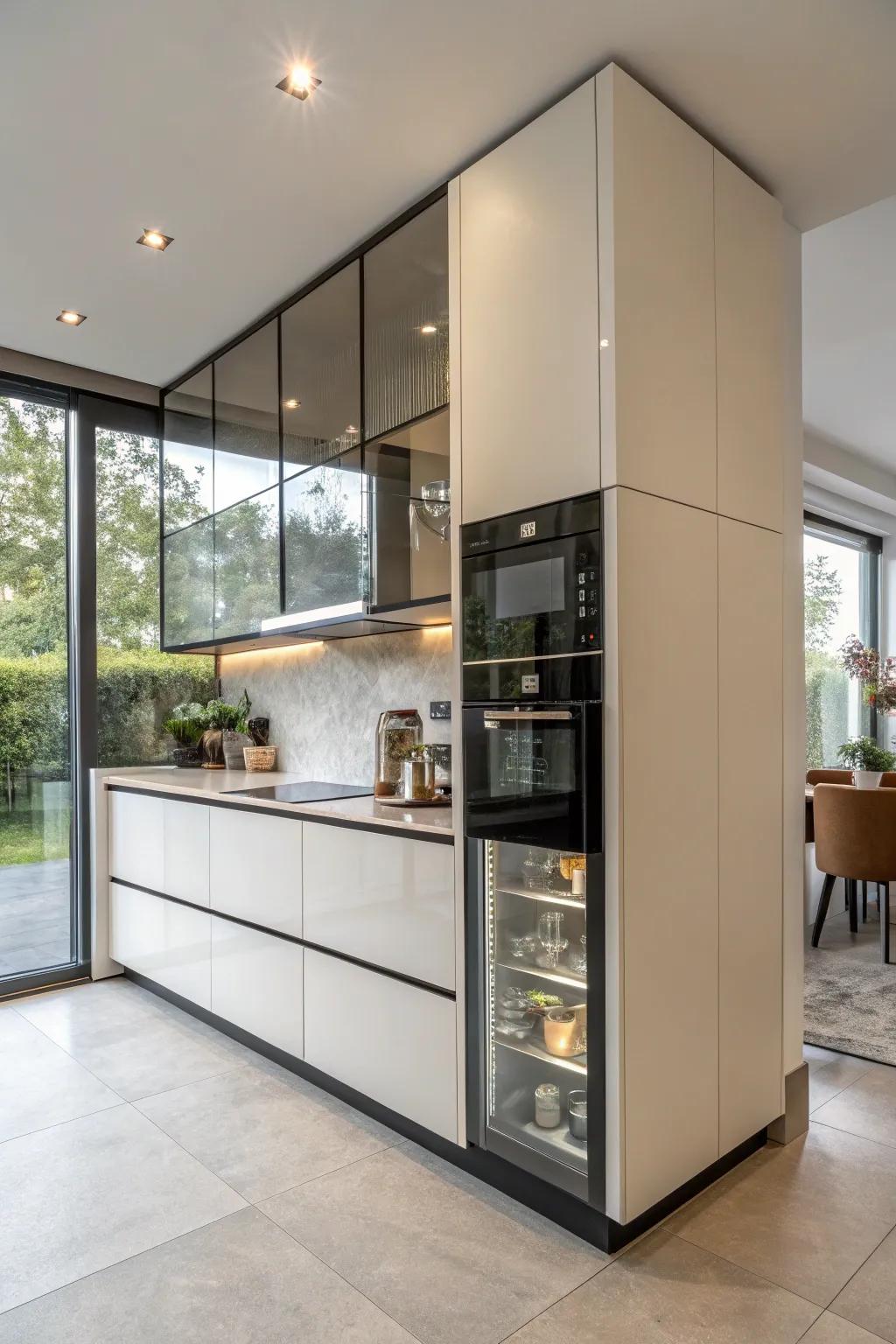 Angled cabinets creatively optimize area usage.