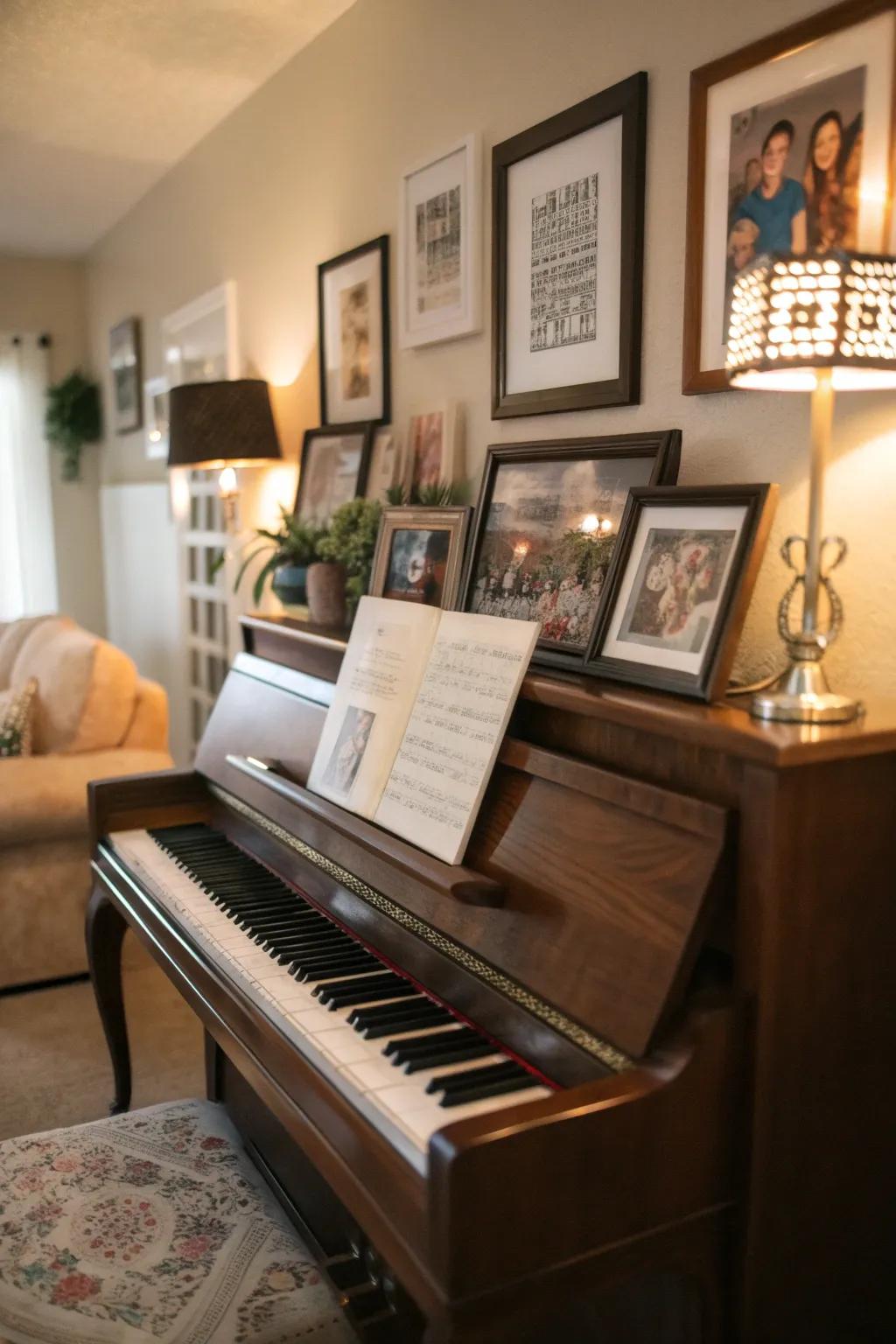 A welcoming home featuring an upright piano adorned with personal snapshots and quotes.