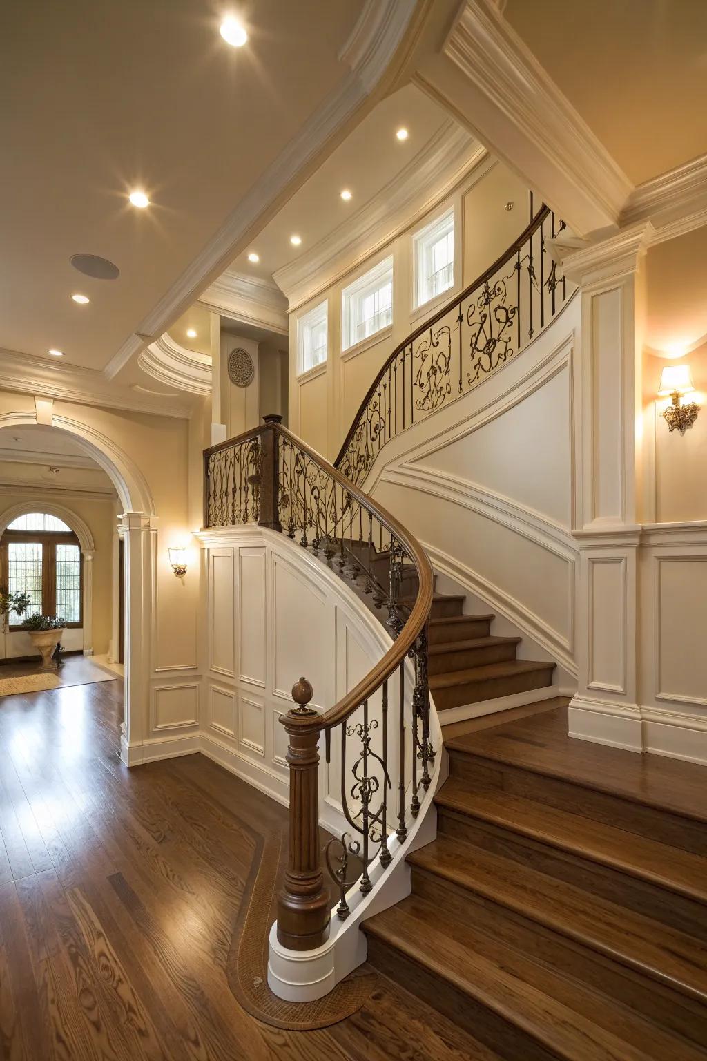Elegant architectural nuances uplift the landing's character.