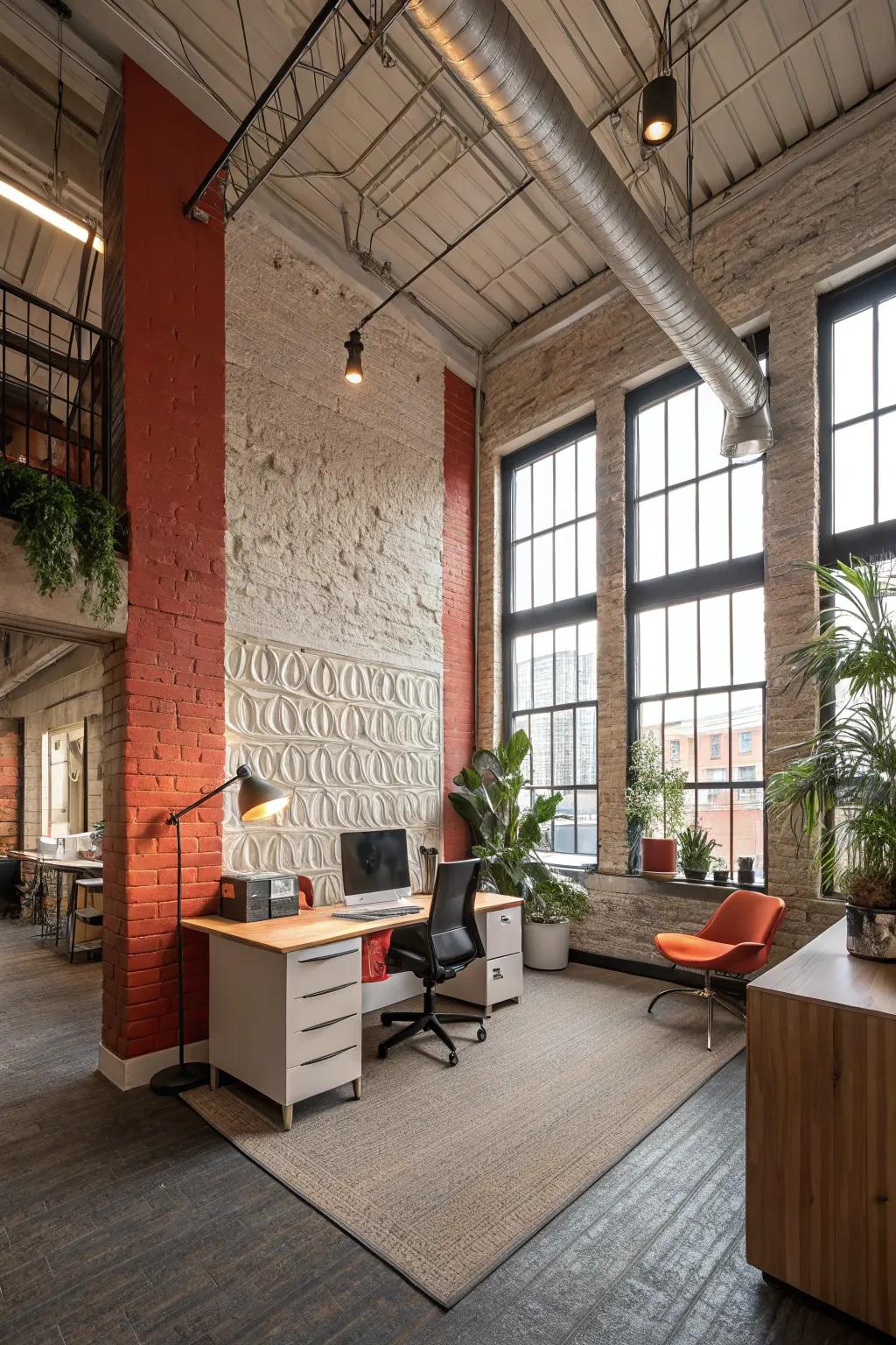 Accent walls and textures introduce depth and style to your office.