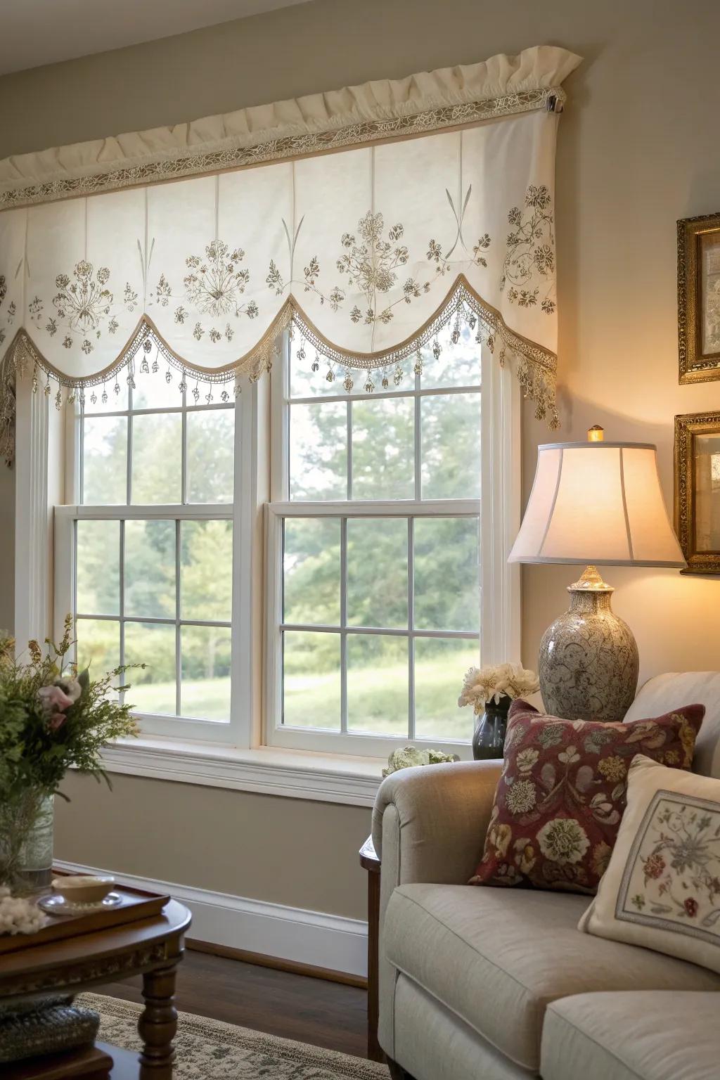 A window showcasing a needlework decor treatment in a creative gathering space.