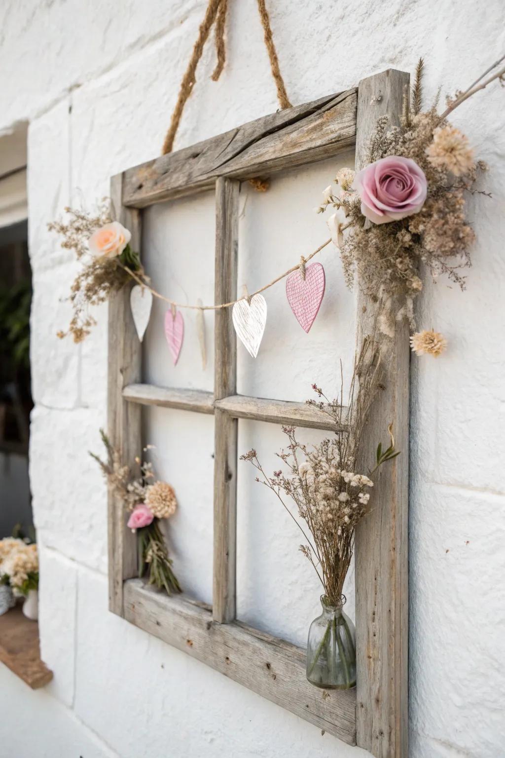 Change your Valentine&rsquo;s d&eacute;cor using a charming window casing wreath, where rustic meets romance.
