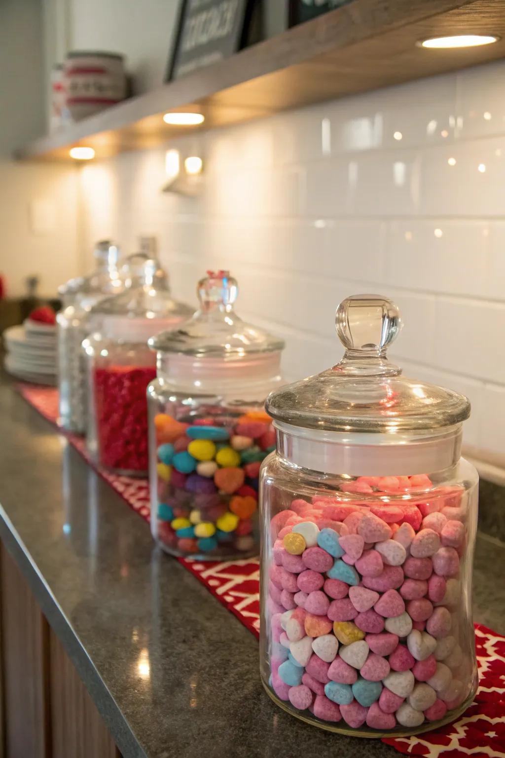 Fashion a sweet treat display through candies containers for a festive element.
