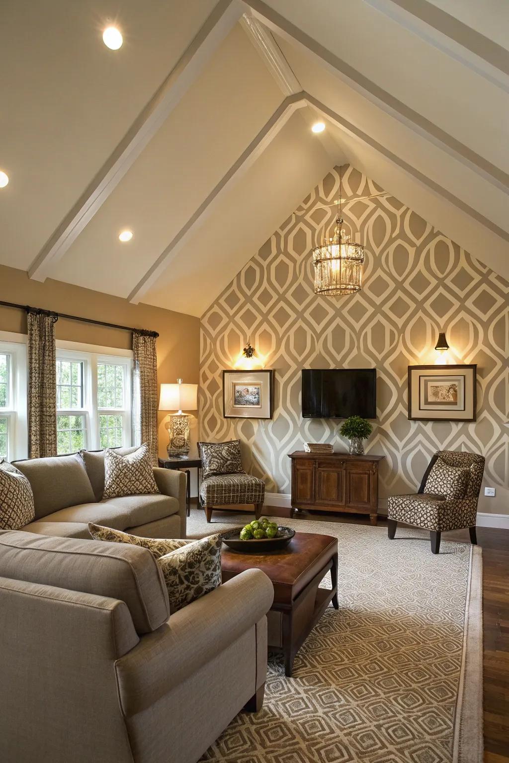 A family room showcasing a vaulted ceiling, further enhanced by a symmetrical wall design