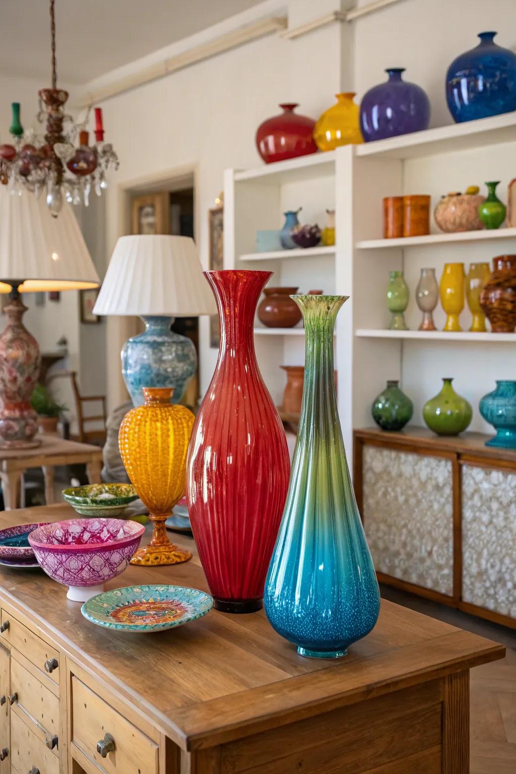 Hand Blown glass accents add color and artistry to the room.