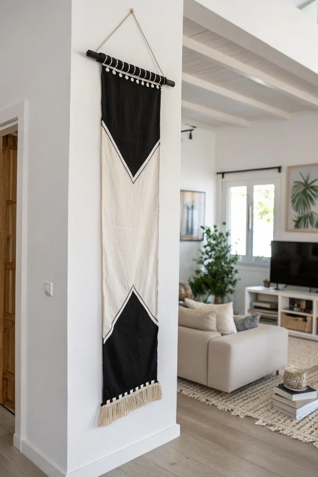 A monochrome banner adds refined elegance to a minimalist setting.