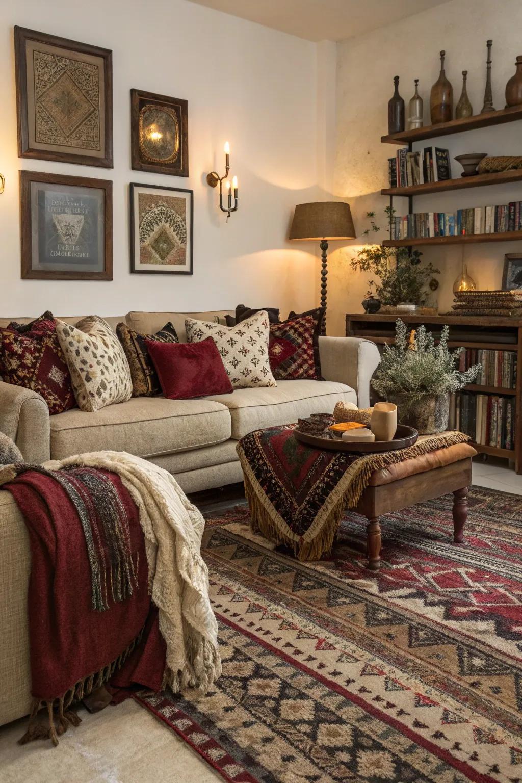 Layered composition adds depth and comfort to your lounge.