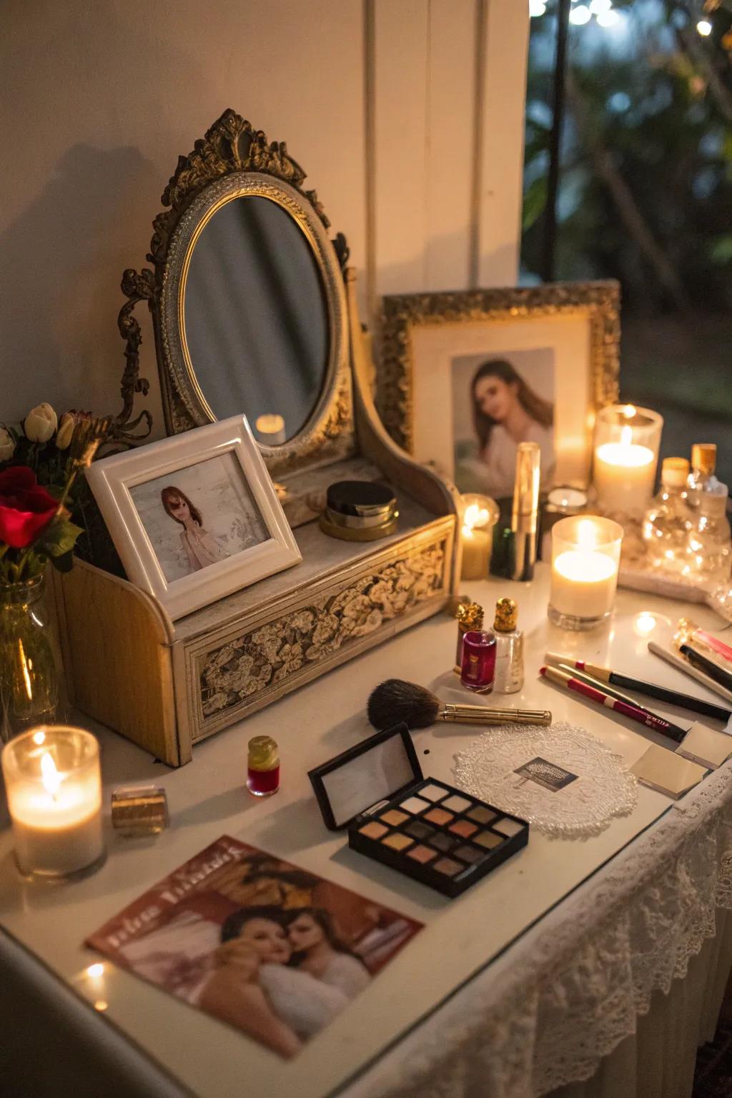 Intimate details like photos and wax lights introduce warmth to your vanity.