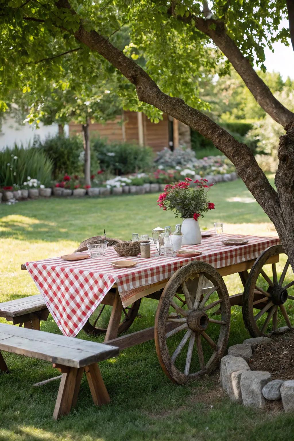 An outdoor table presenting carriage wheels as its supports, which creates a rustic vibe.