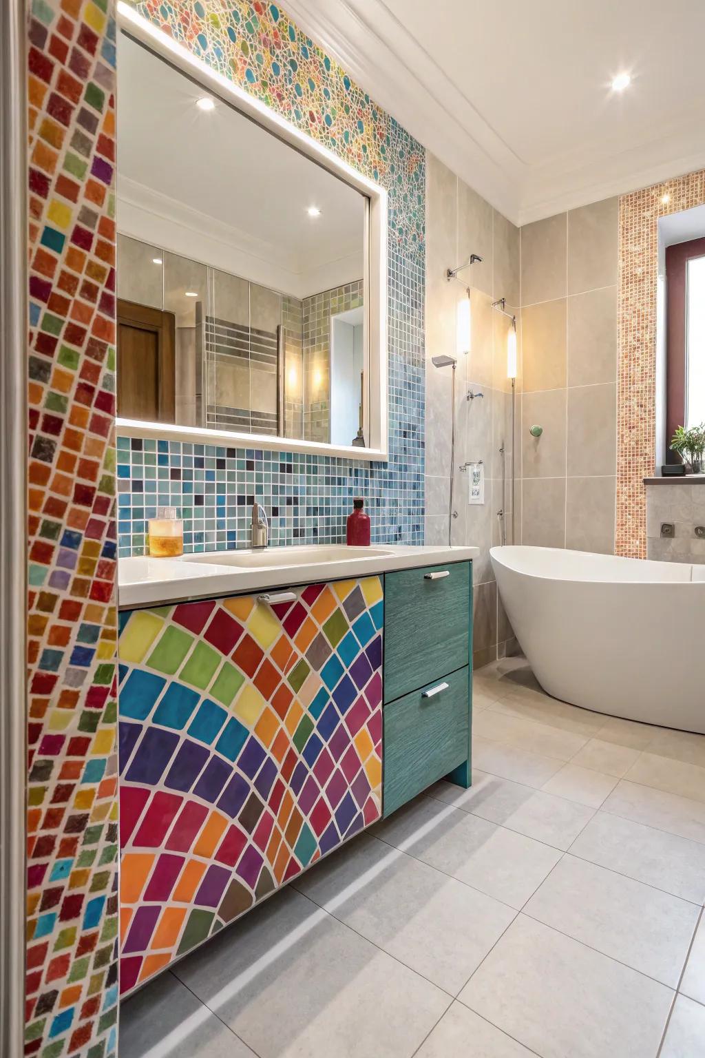 Mosaic stone tiles turn wainscoting into a masterpiece of color and creativity.
