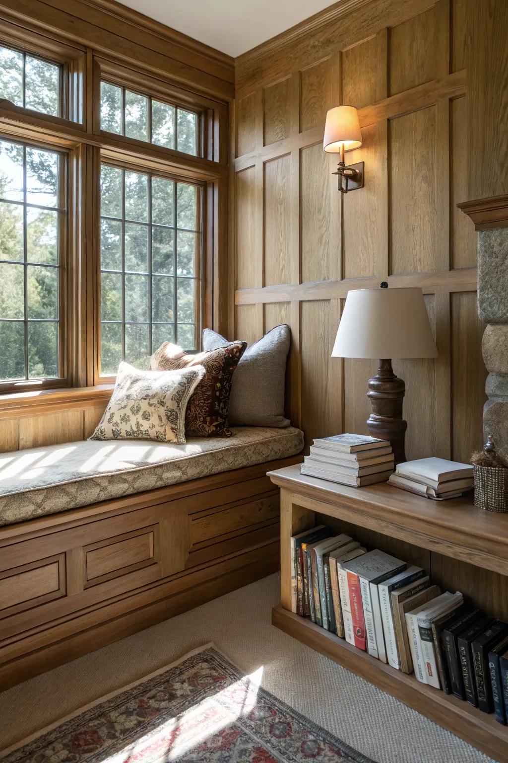 A snug reading alcove featuring rustic natural timber wainscoting.