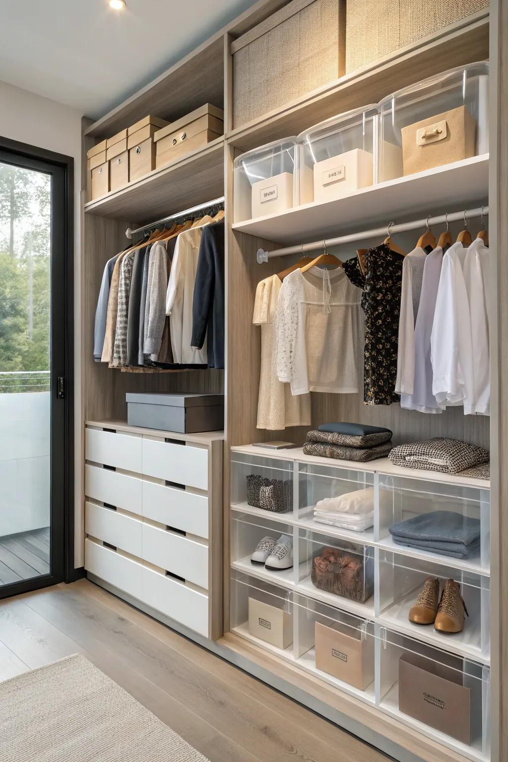 See-through storage options provide both practicality and elegance.