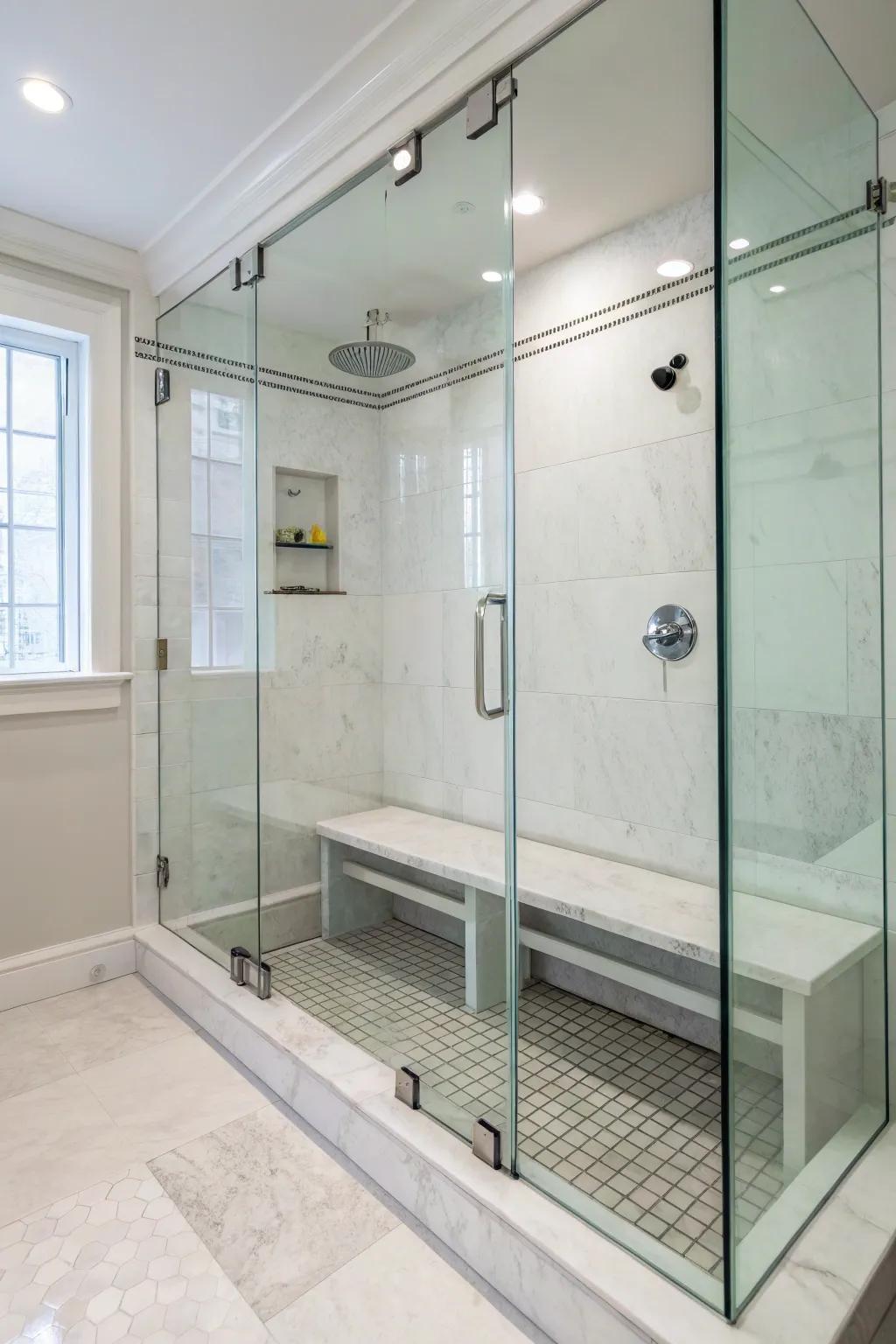 An understated glass bench amplifies space and light in the shower.