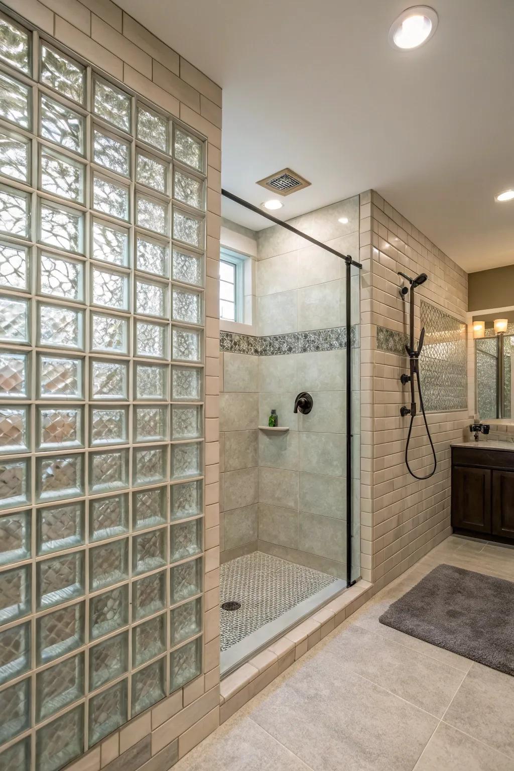 Glass bricks offer texture and privacy in this stylish walk-in shower.