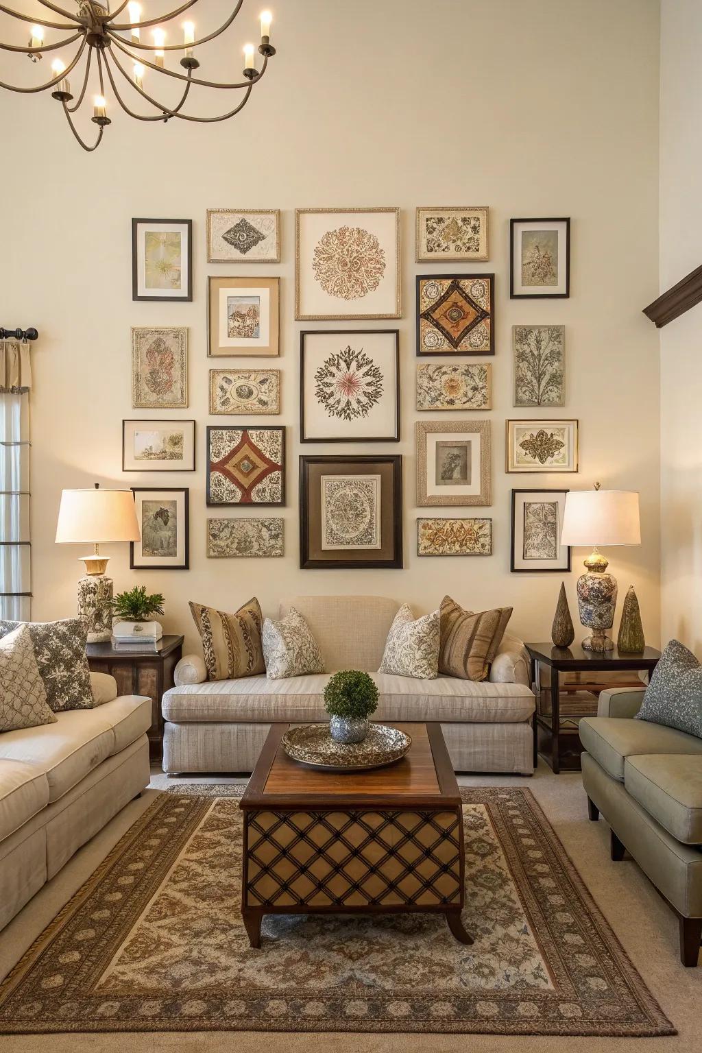 Symmetrical wall art layout in a modern living room.