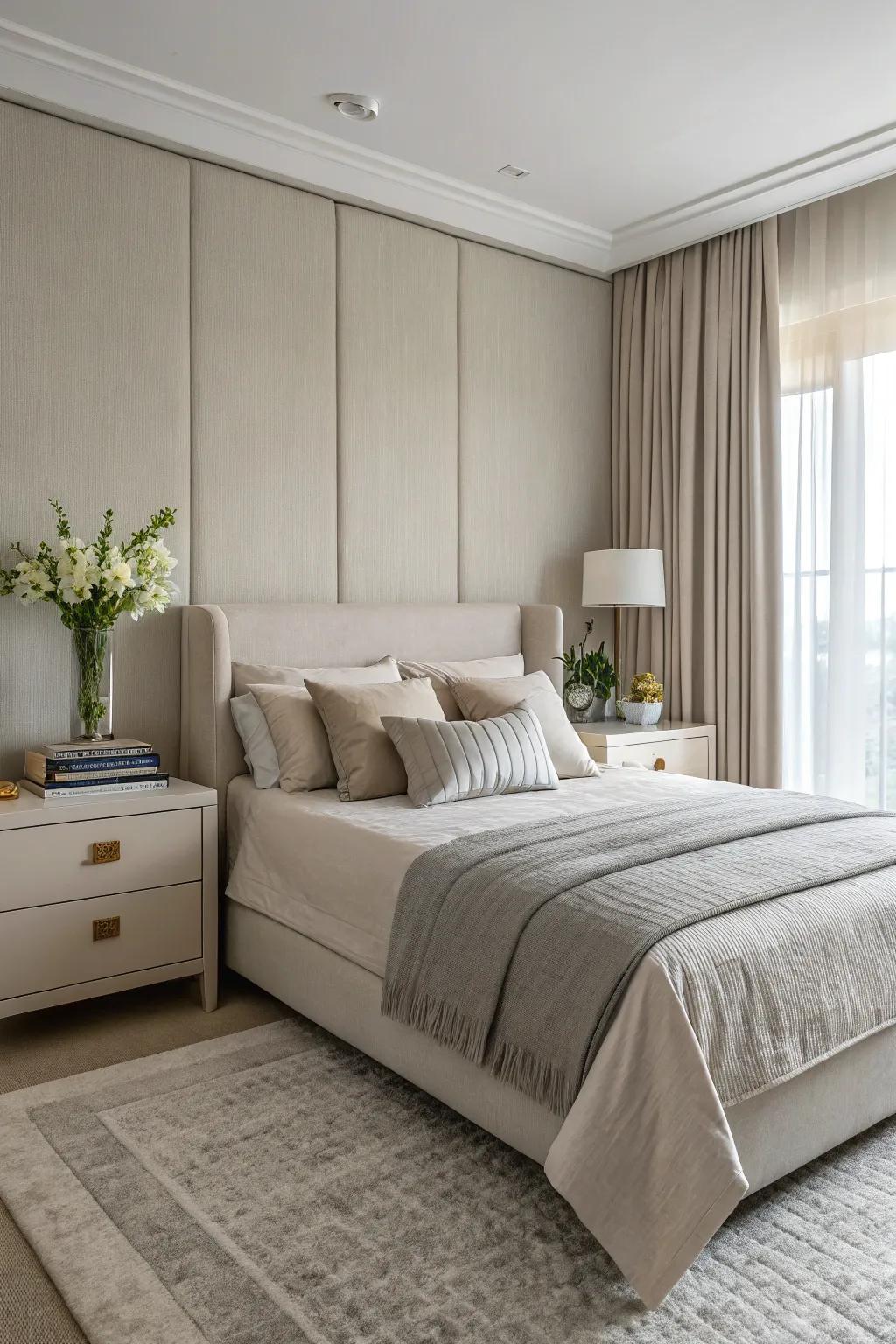 Neutral tones create a calming and sophisticated bedroom.