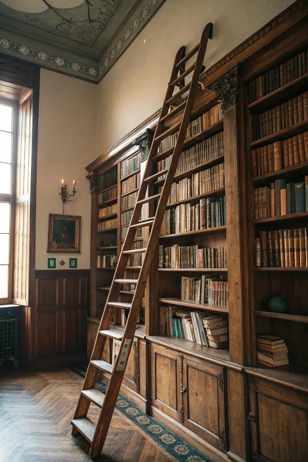 A rolling library ladder introduces vintage charm while providing convenient access to towering shelves, a perfect blend of form and function.