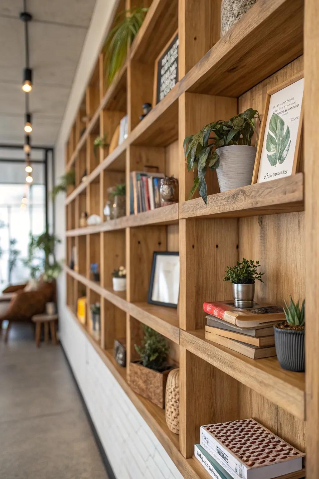 Combine style and utility using timber shelves.