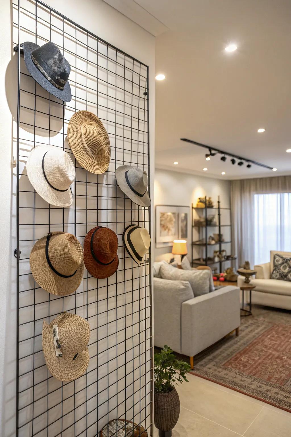 A flexible headwear exhibit featuring a wire-lattice frame.