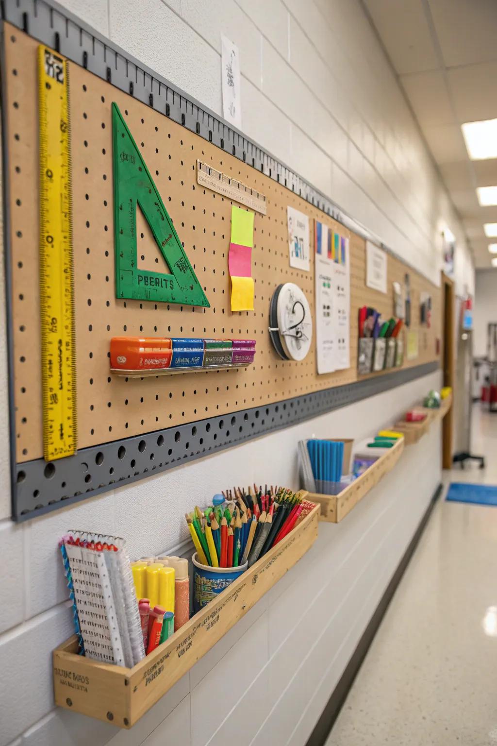 Functional pegboard on a school wall
