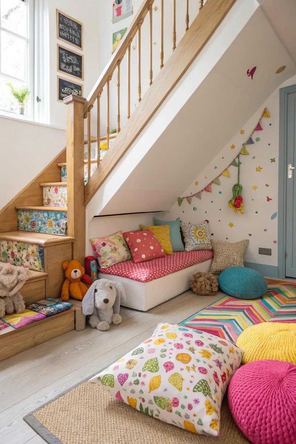 A children's play zone beneath the staircase is a delightful application of space.