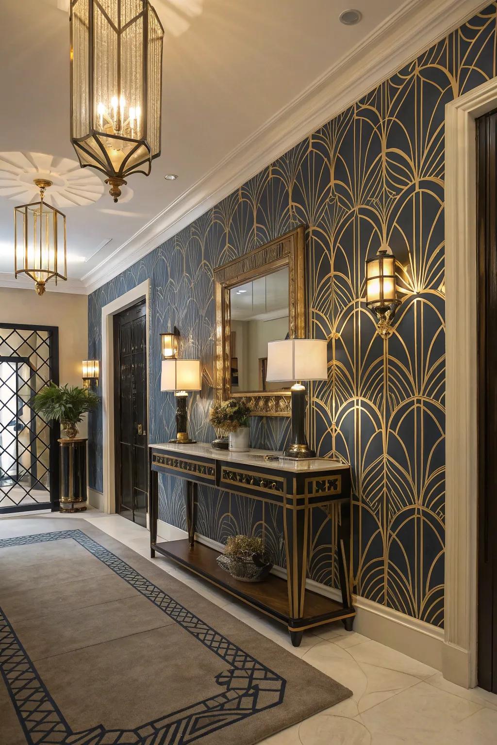Art Deco wallpaper introduces a glamorous touch to entryways.