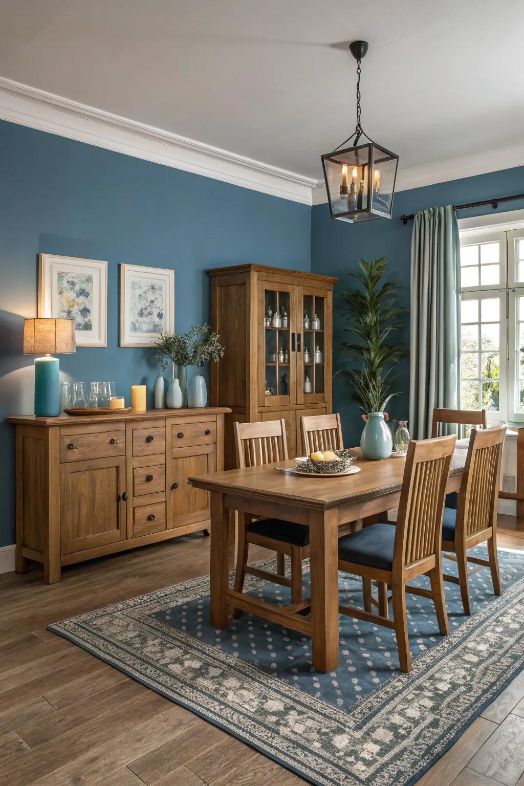 Achieve a cohesive look by matching furniture with your warm blue paint.