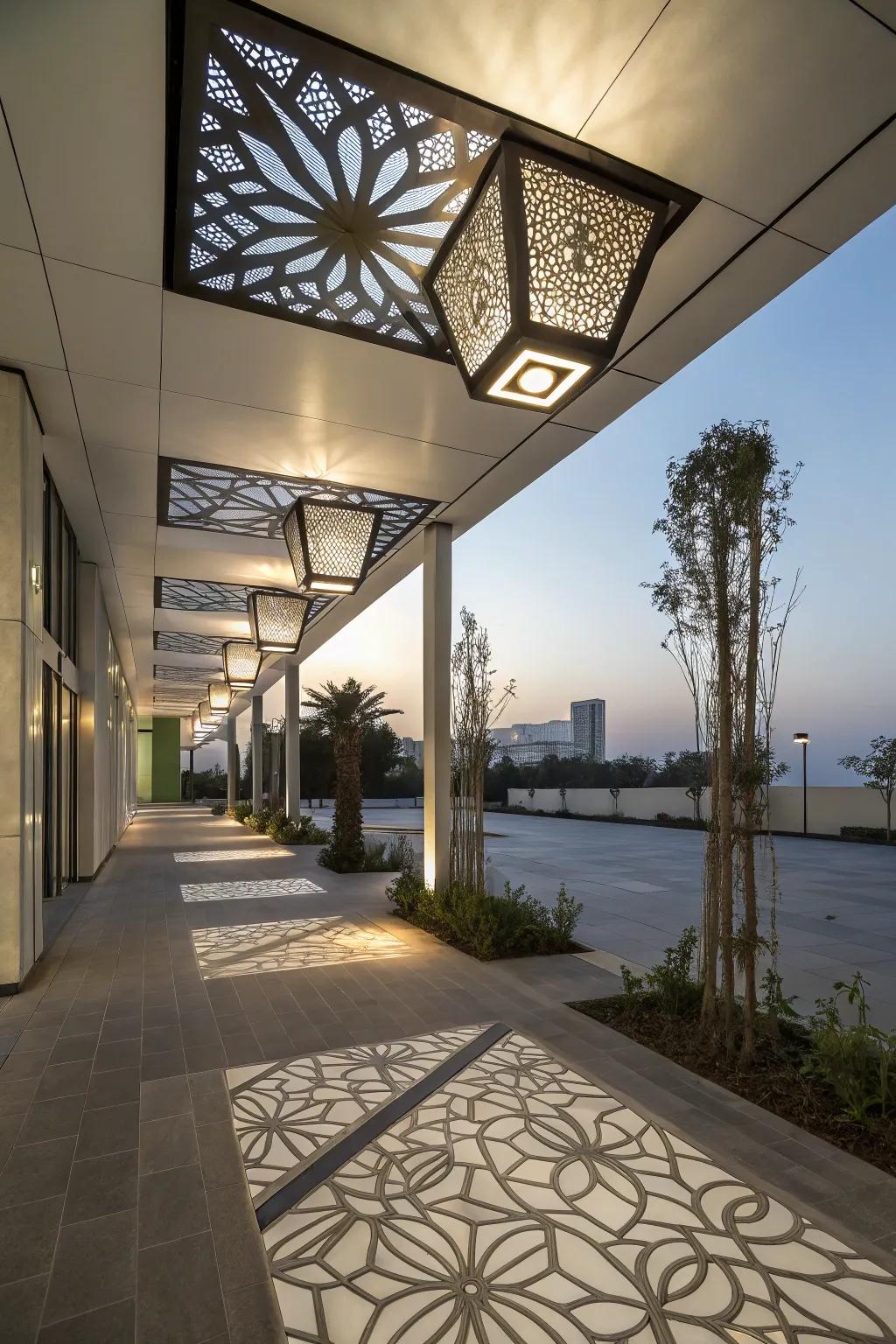 Geometric designs impart a modern twist to outdoor lighting.