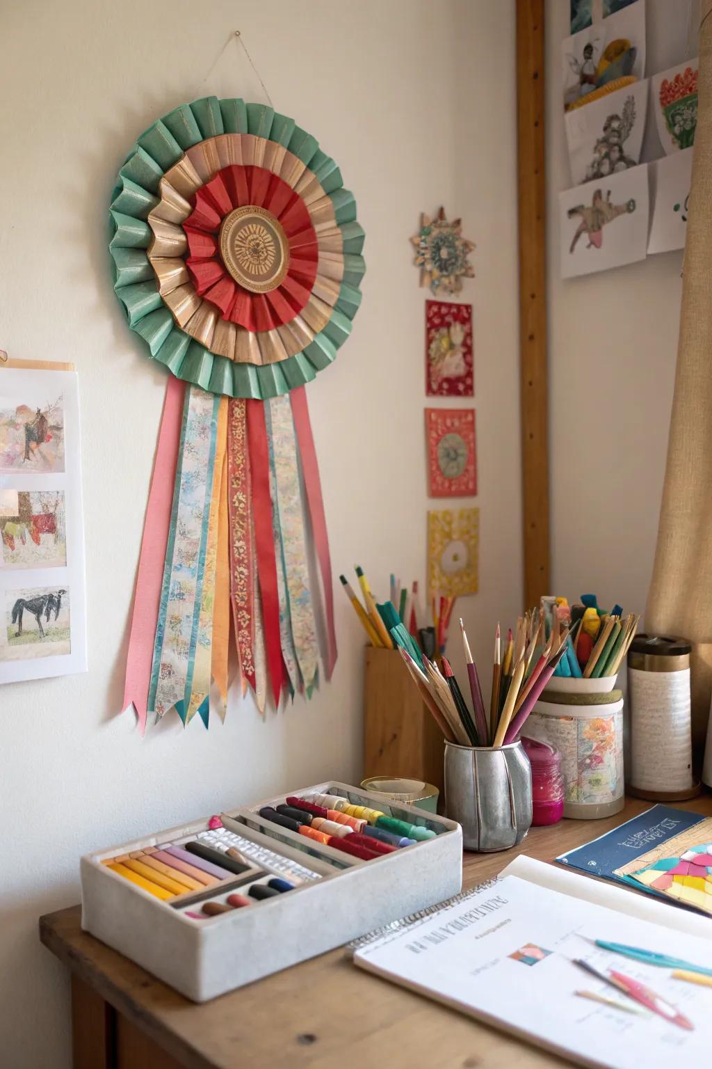 A bold wall rosette made from ribbons, perfect for a creative space.