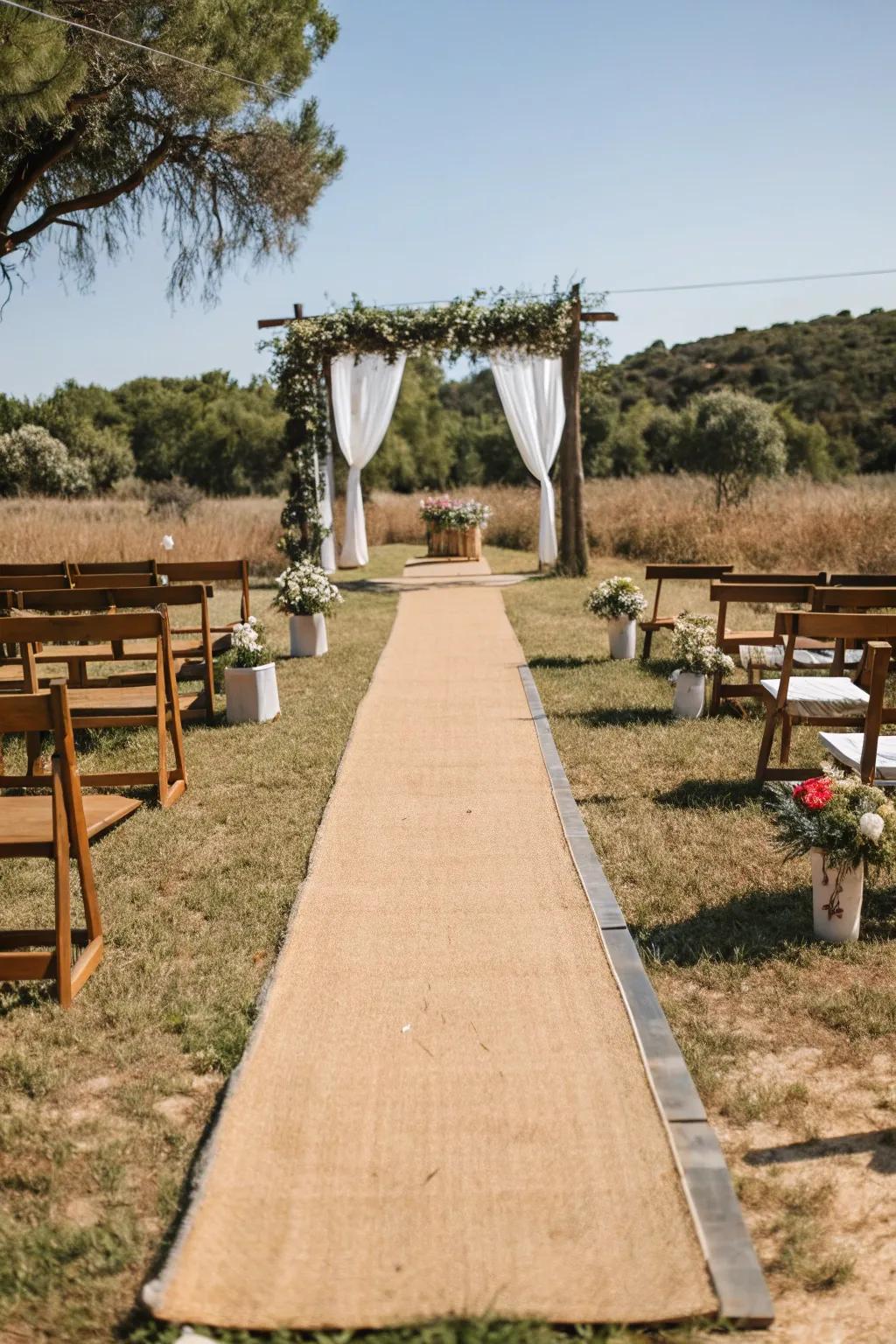A natural sisal runner introducing texture to an outdoor ceremony.