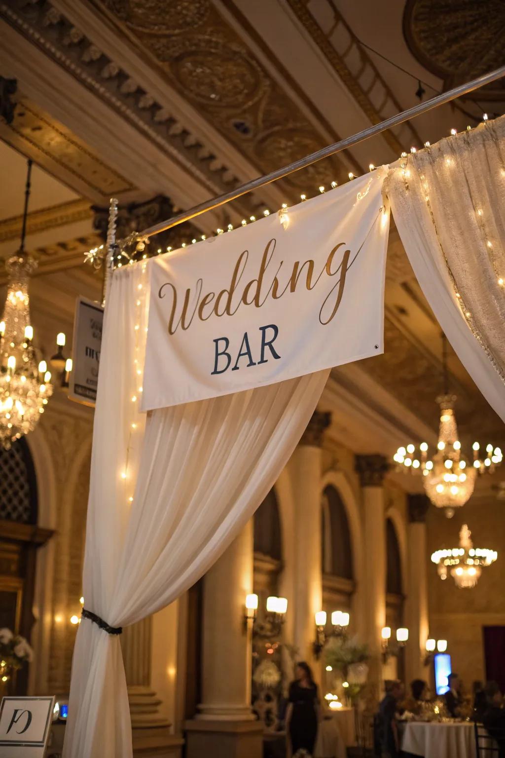 An elegant fabric banner bar sign hangs down.