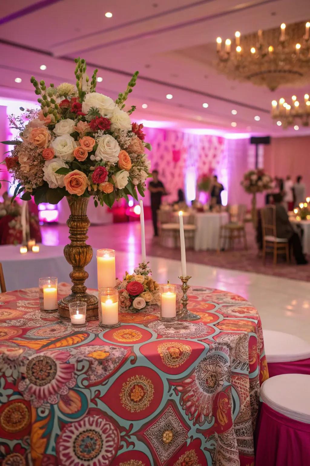 Patterned tablecloths add a playful twist to the decor.