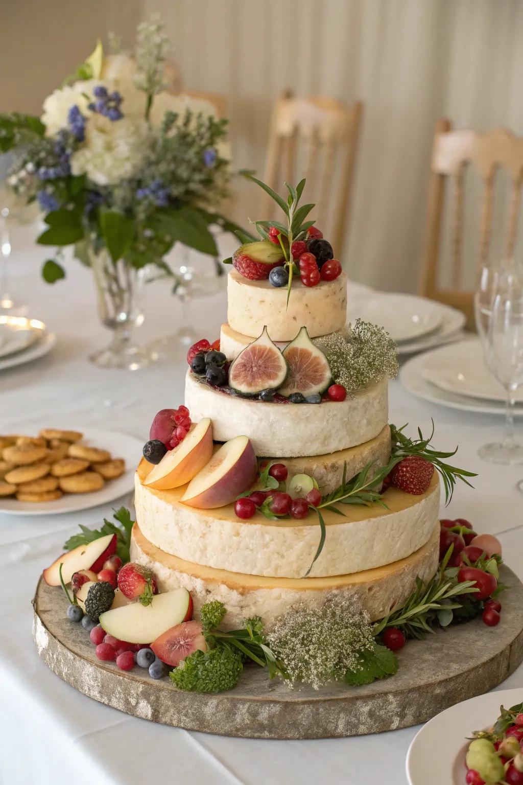 A cheese wheel cake serves as a unique centerpiece.