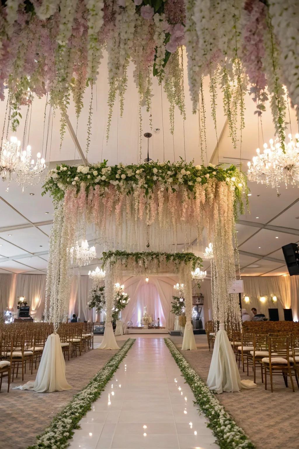 Suspended blossoms add whimsy and enchantment.