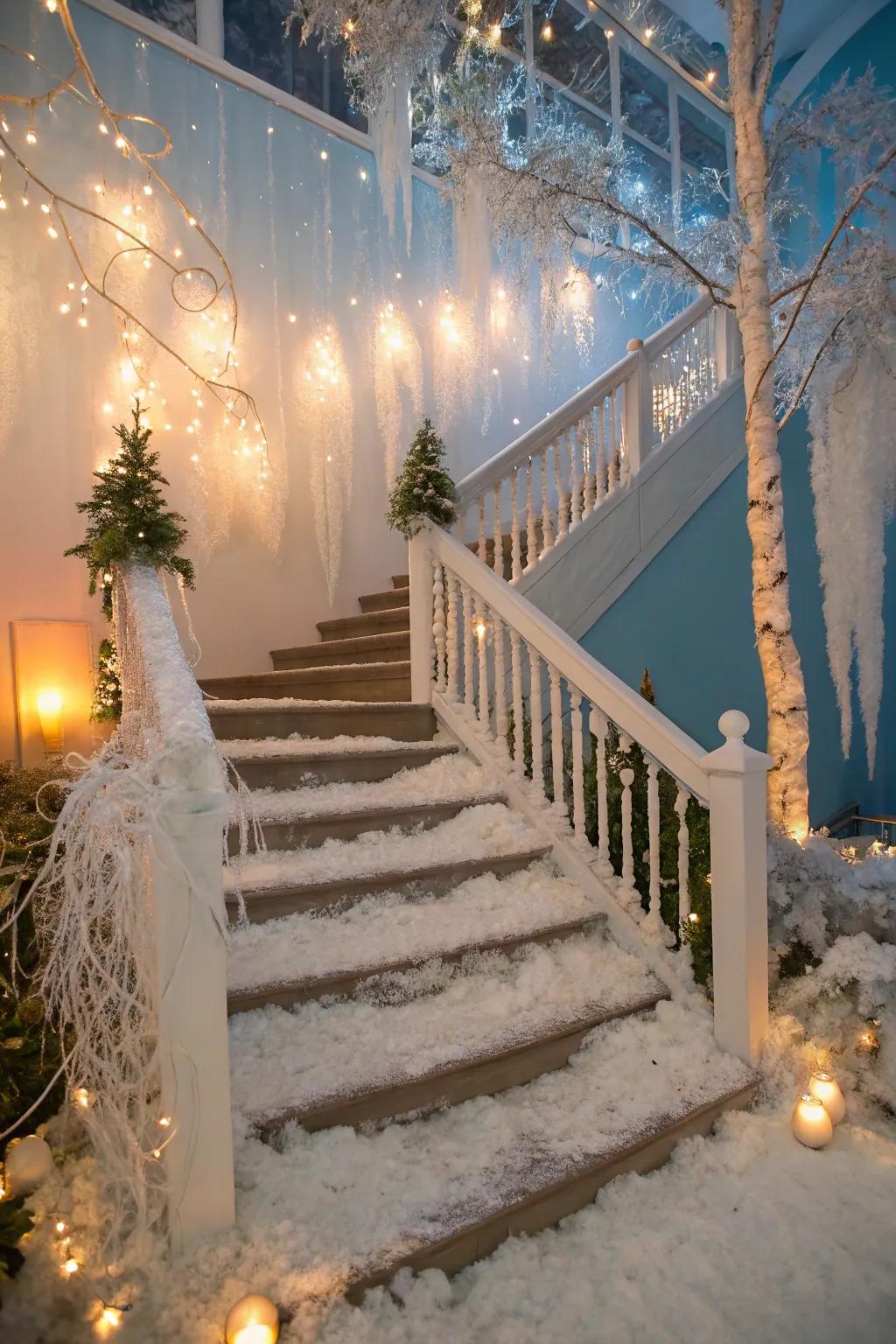 An icy wonderland theme imparts a bewitching, seasonal accent to this stairway.