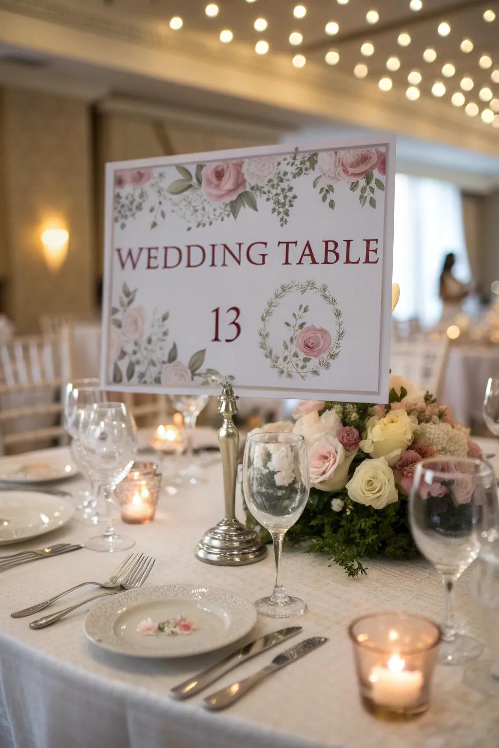 Theme table numerals enhance the overall wedding decor.