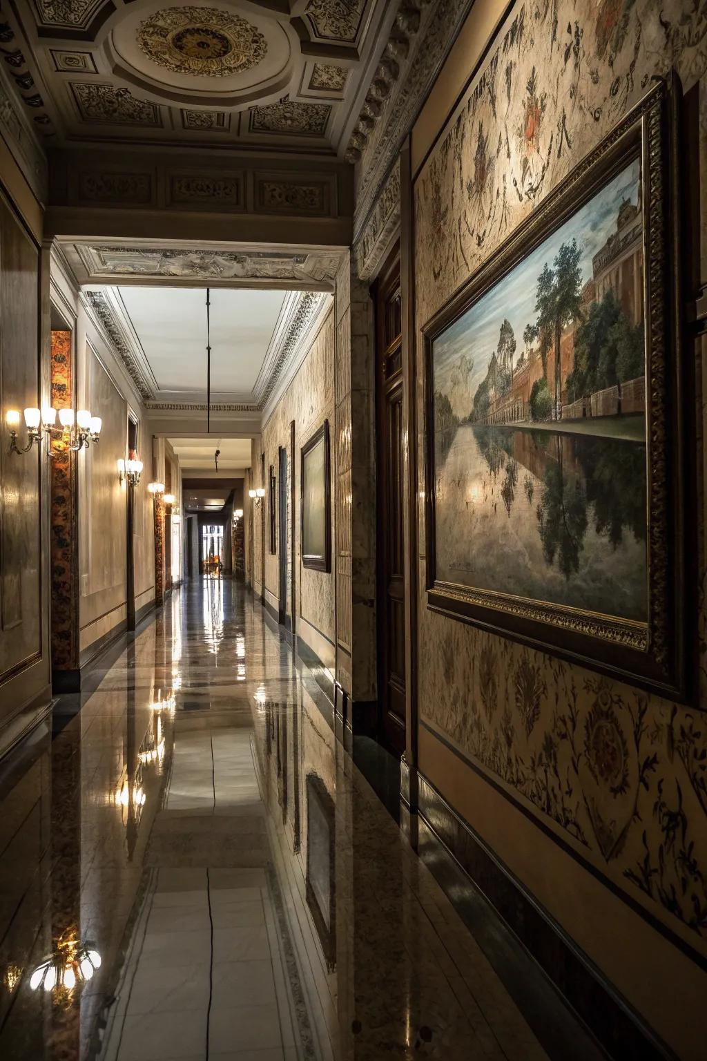A depiction of distorted reflections enhancing the allure of an elegant corridor.