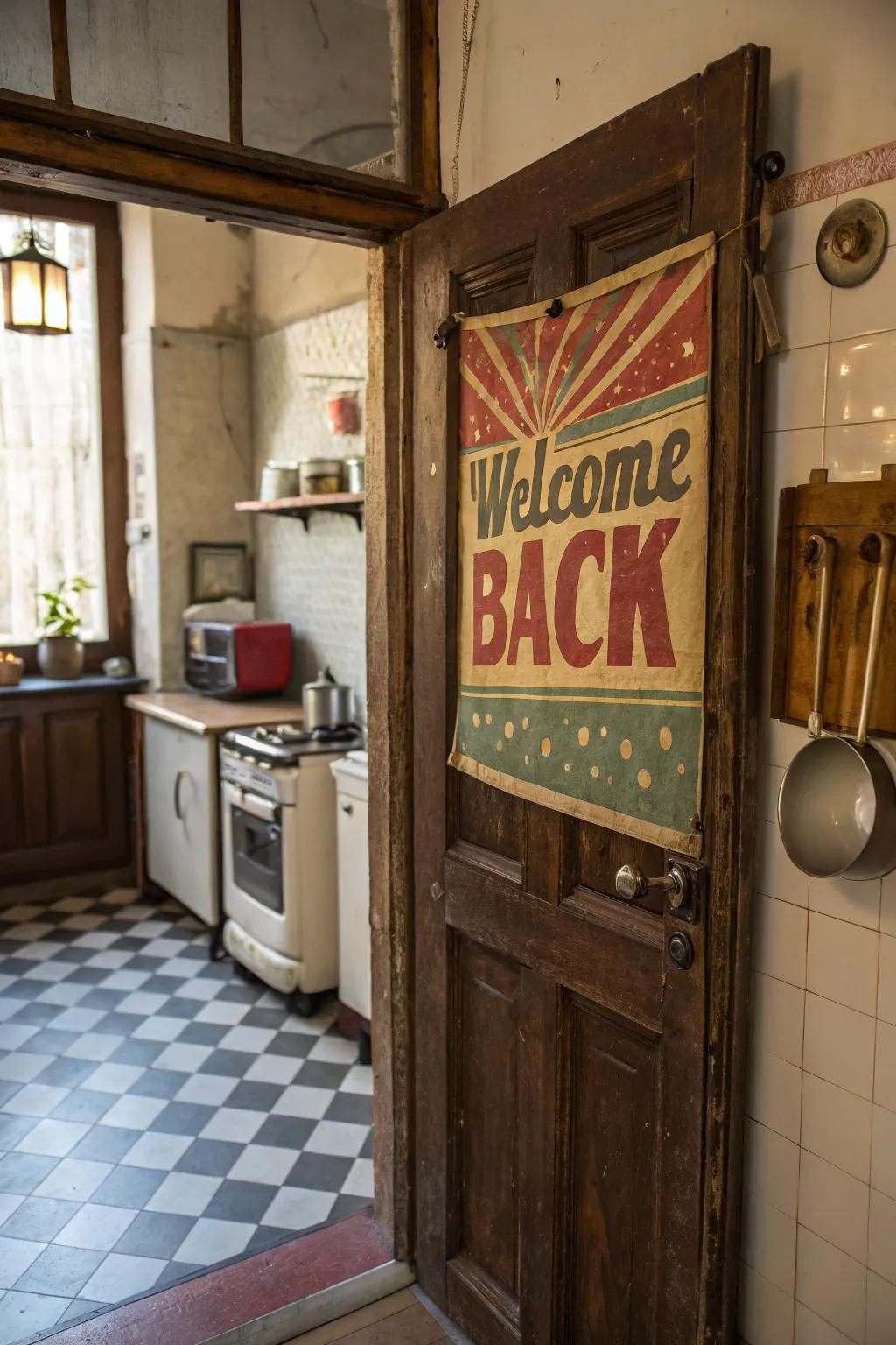 A retro-themed poster adds charm to a vintage-inspired kitchen.