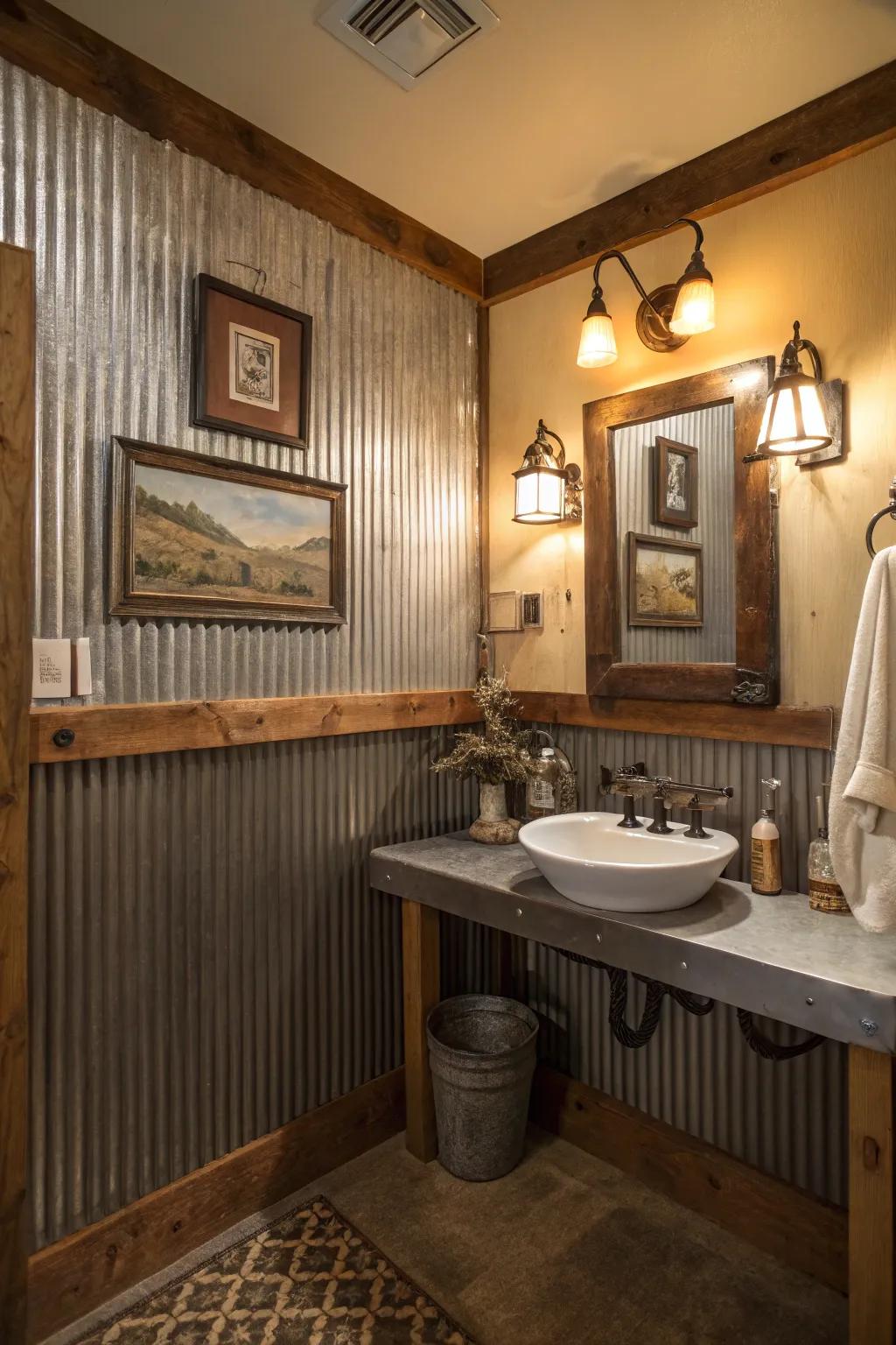 Ridged metal paneling imparts barn-esque charm to this bathroom.