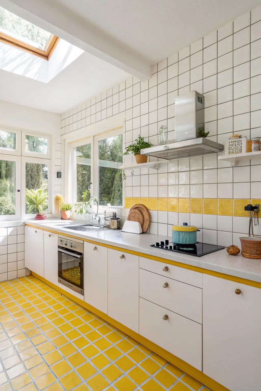 Saffron burst cement introduces a cheerful and sunny touch to white tiles.