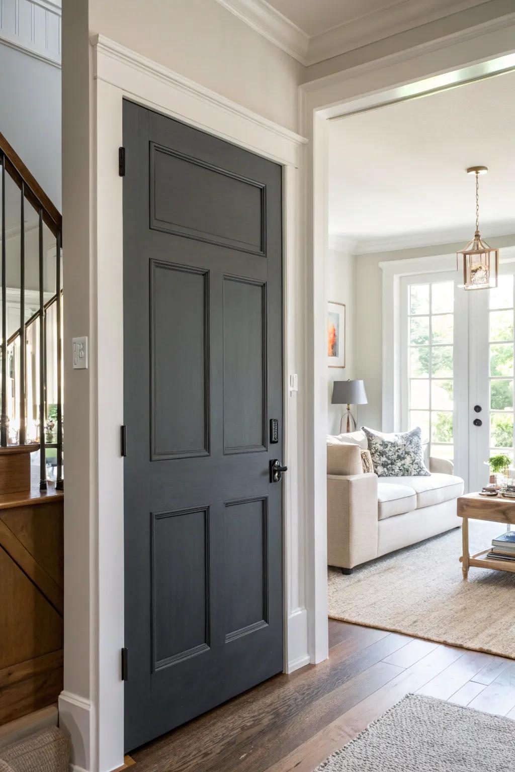 Smoky gray doors add a chic modern contrast.
