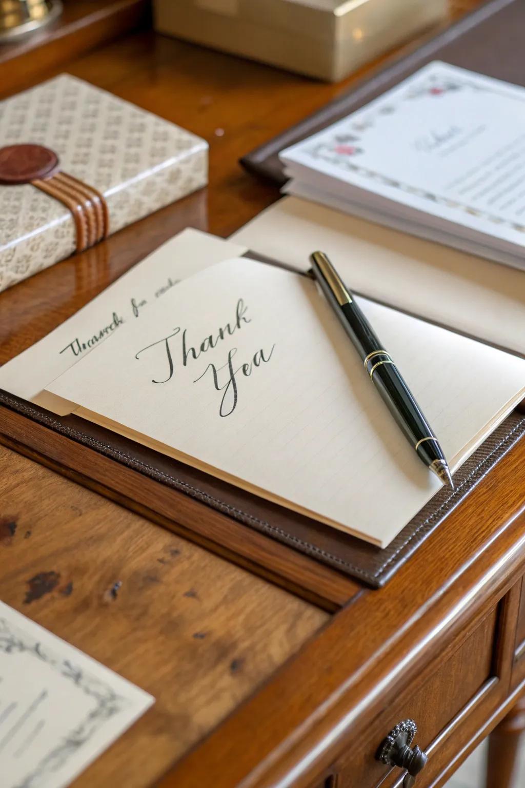 A handwritten gratitude note adds a personal, heartfelt touch.